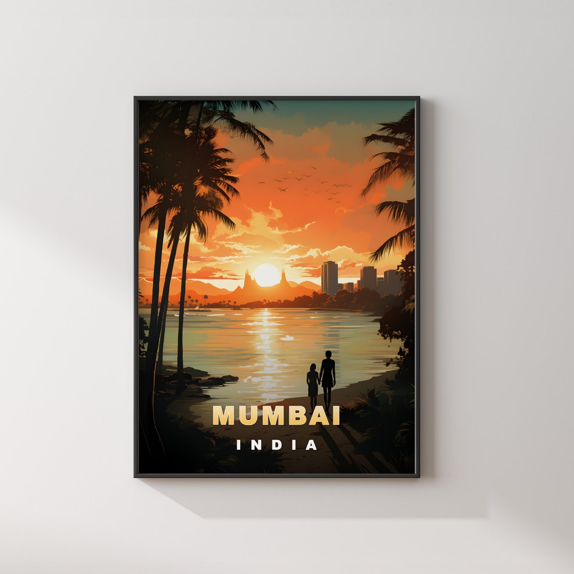 Mumbai India Sunset Beach Palm Silhouette Retro Travel Poster - Image 2