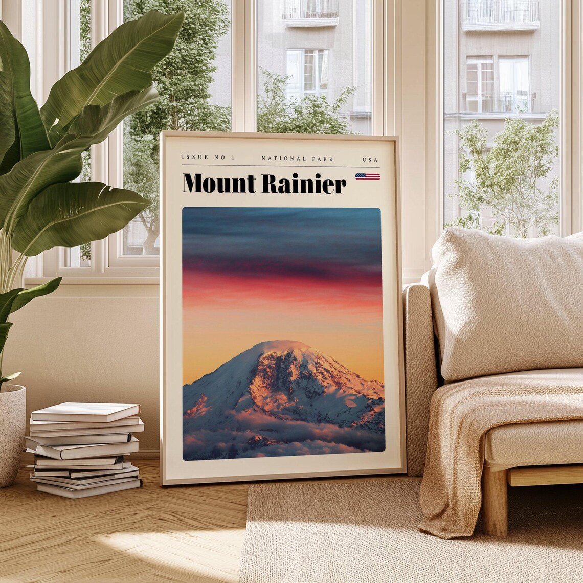 Mount Rainier National Park Alpenglow Snow Peak Sunrise Travel Poster
