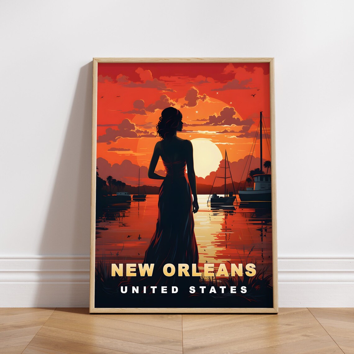 New Orleans United States Harbor Boats Sunset Lady Travel Poster