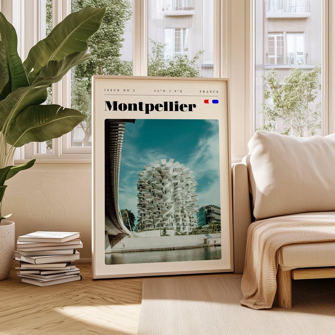 Montpellier France Modern Sculptural White Tower River Travel Poster