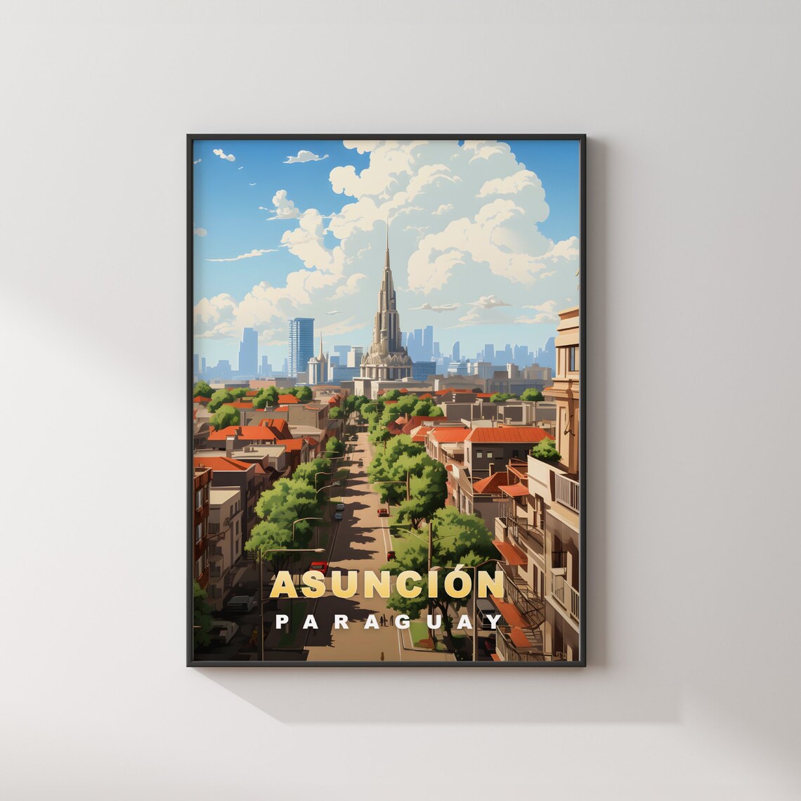 Asuncion Paraguay Shady Avenue City Skyline Retro Travel Poster - Image 2