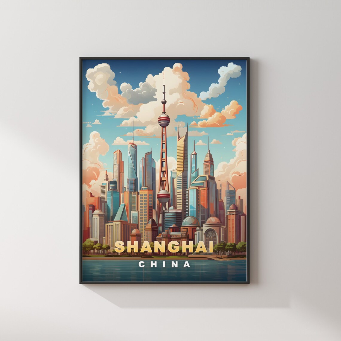 Shanghai China Oriental Pearl Tower Skyline Retro Travel Poster - Image 2