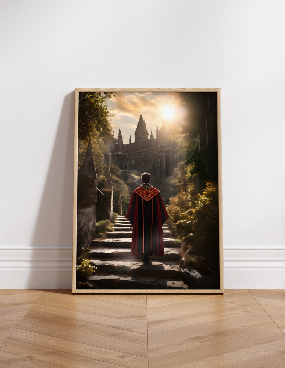 Brave House Wizard Climbing Castle Steps in Morning Light Poster