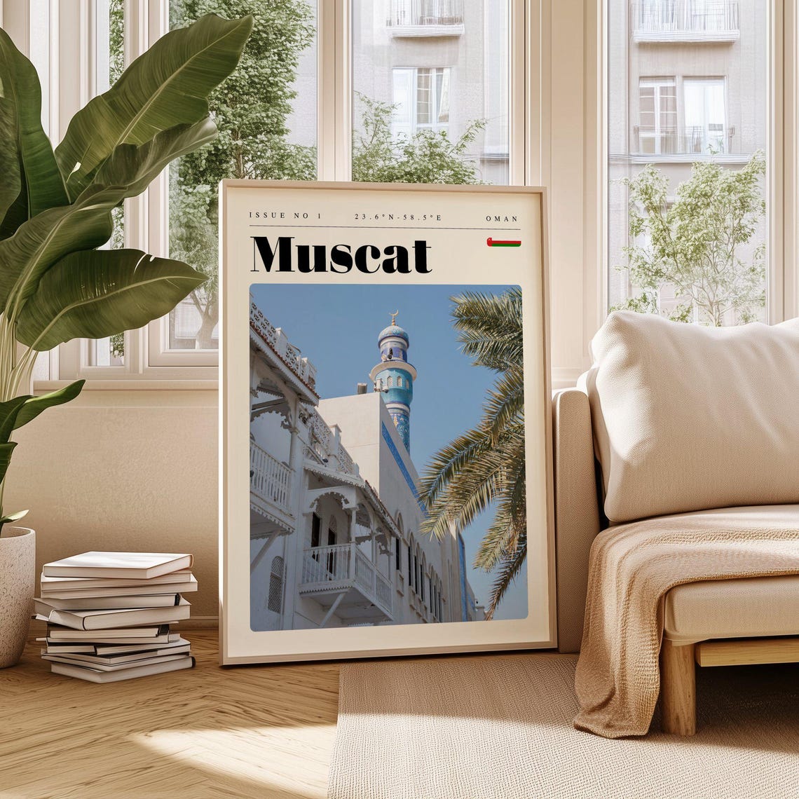 Muscat Oman White Mosque Blue Minaret Palm Trees Travel Poster