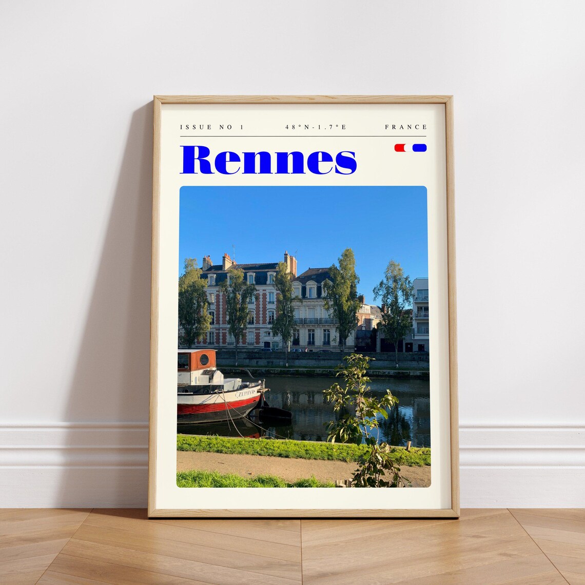 Rennes Moored Boat River Mansions France Brittany Travel Poster - Image 3