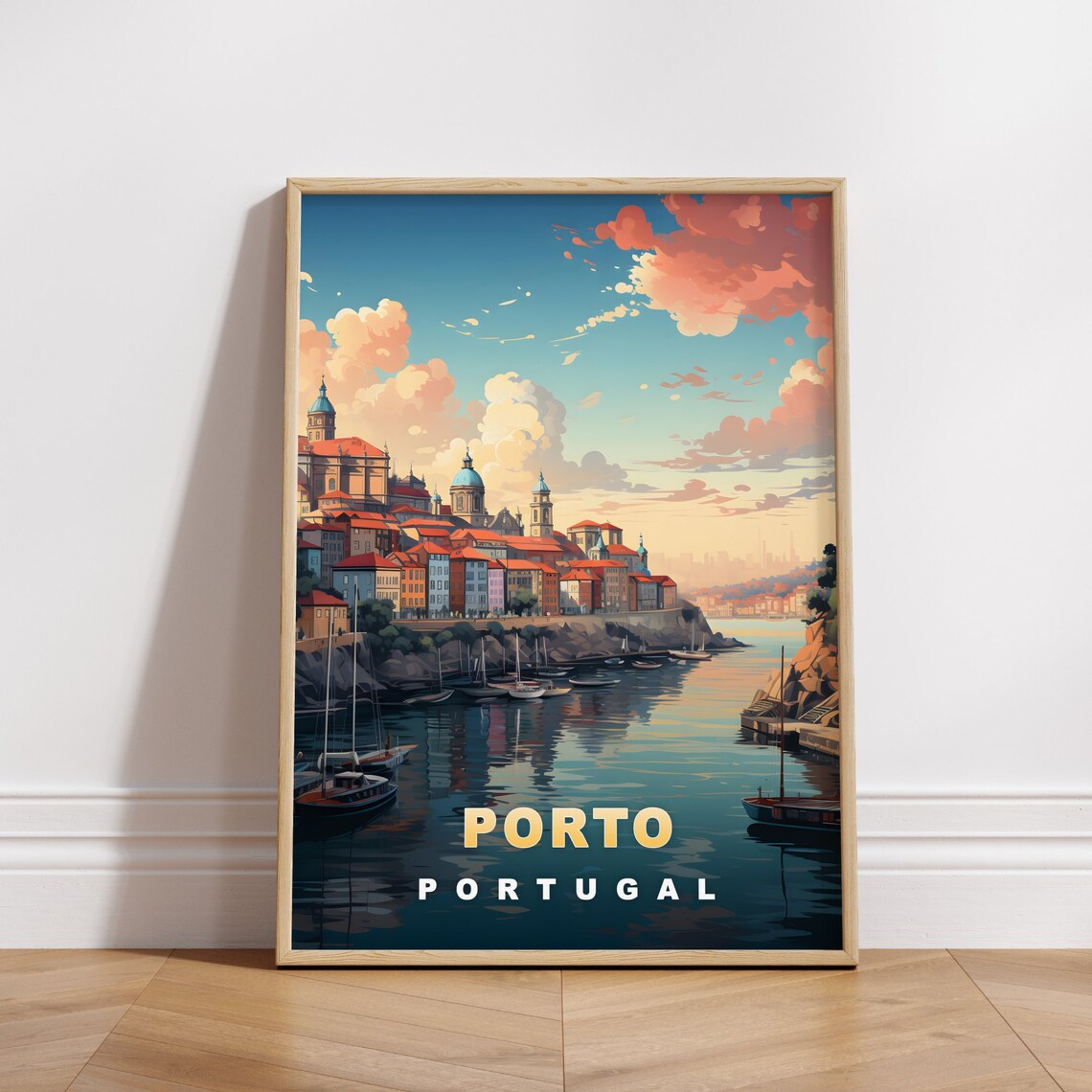 Porto Portugal Riverside Boats Sunset Retro Travel Poster Decor Art