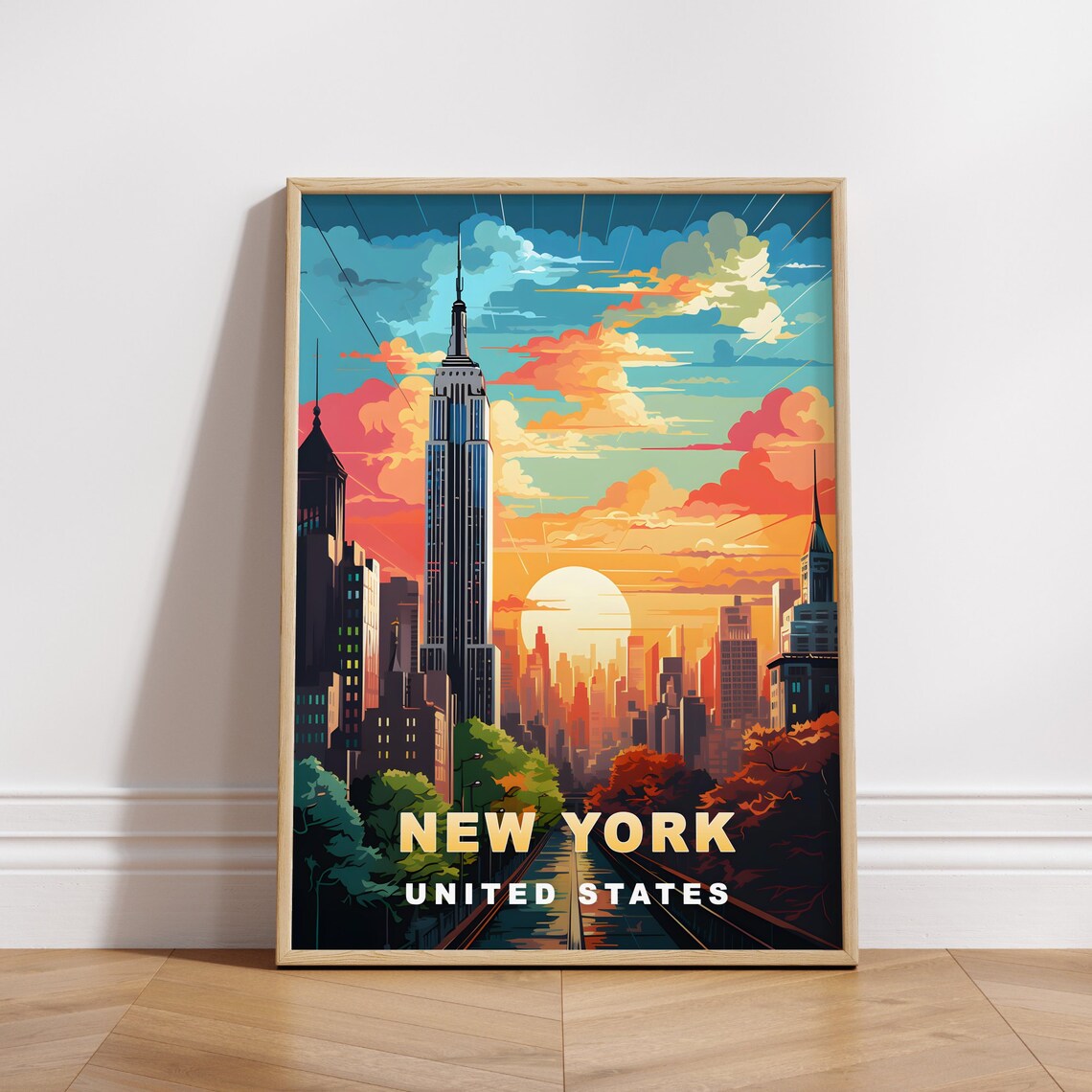 New York Empire State Building Avenue Sunset Skyline Travel Poster