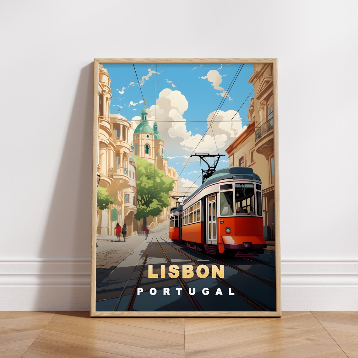 Lisbon Portugal Retro Travel Poster Classic Red Tram Street View