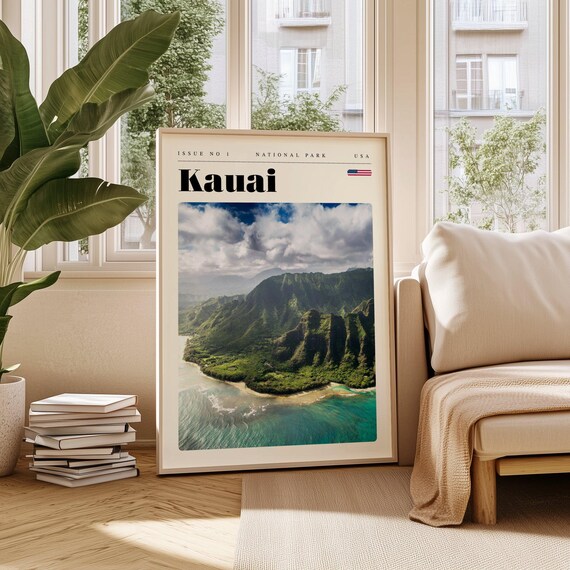 Kauai Hawaii Lush Cliffs Aerial Coast Ocean Modern Travel Poster