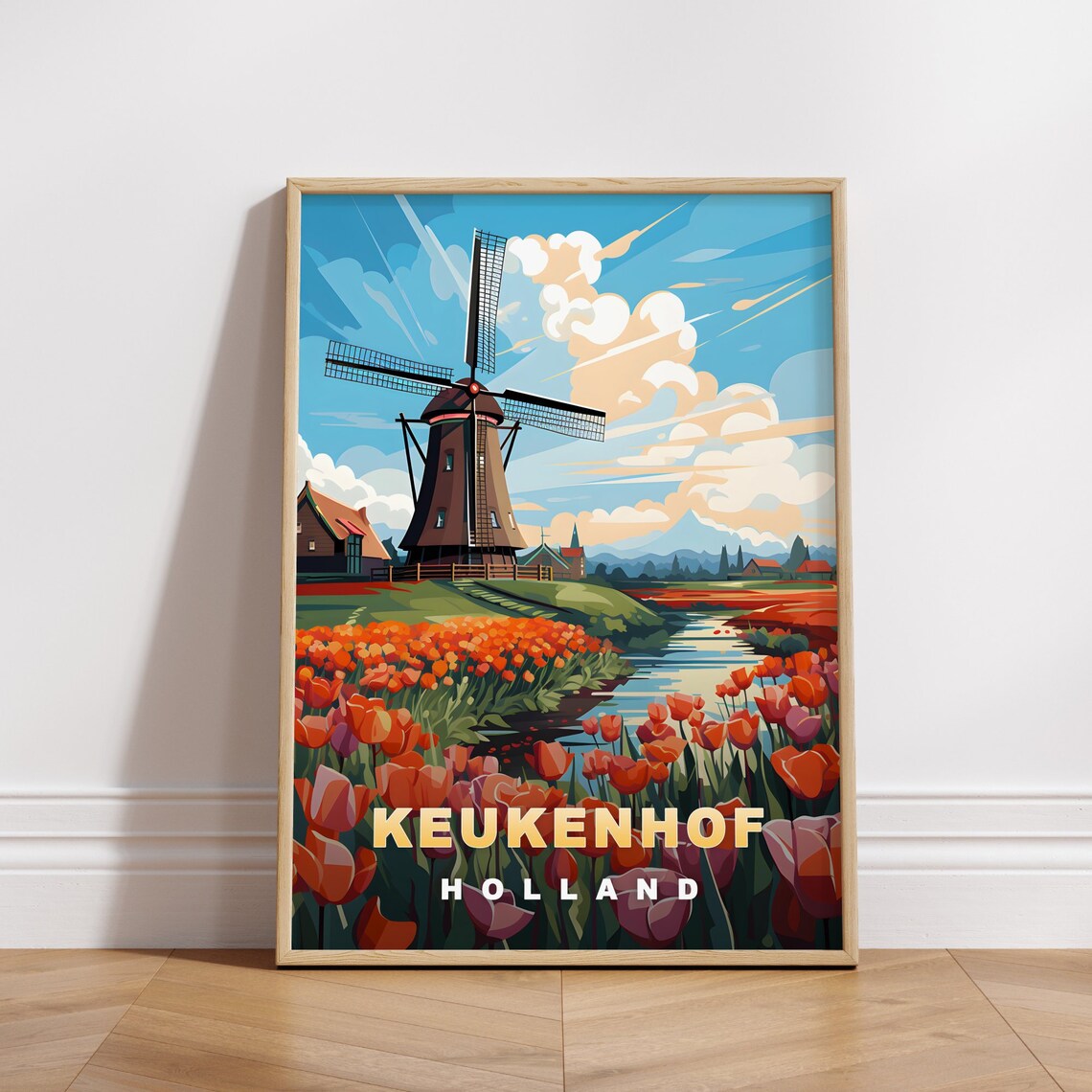 Keukenhof Holland Windmill Tulip Fields Retro Travel Poster Decor Art