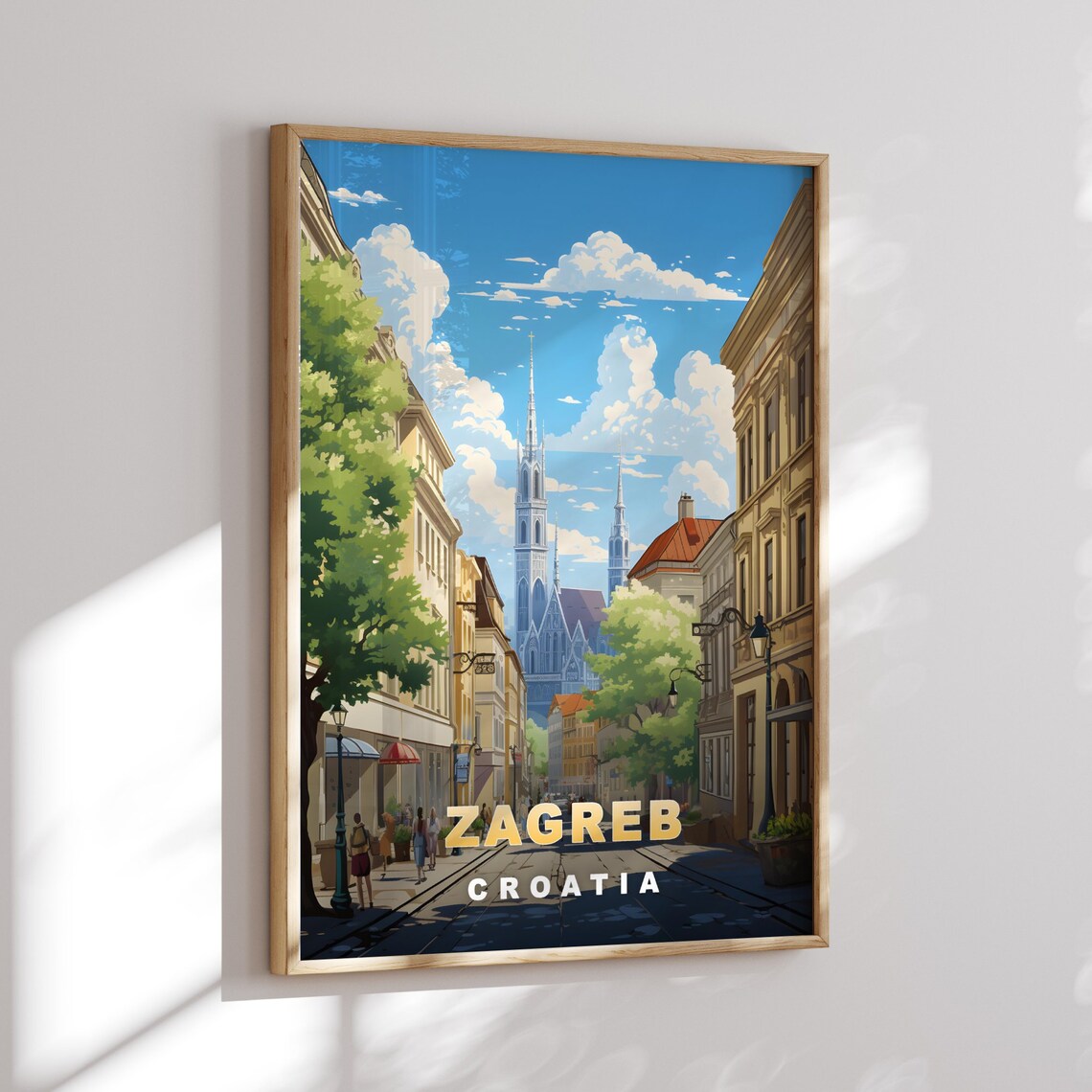 Zagreb Croatia Leafy Street Twin Cathedral Spires View Travel Poster - Image 2