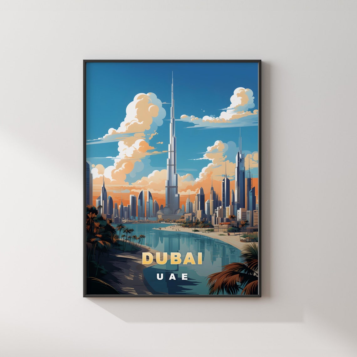 Dubai UAE Burj Khalifa Waterfront Skyline Retro Travel Poster - Image 2