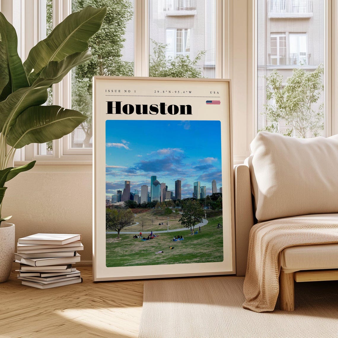 Houston Texas Downtown Skyline Over Green Park Travel Poster