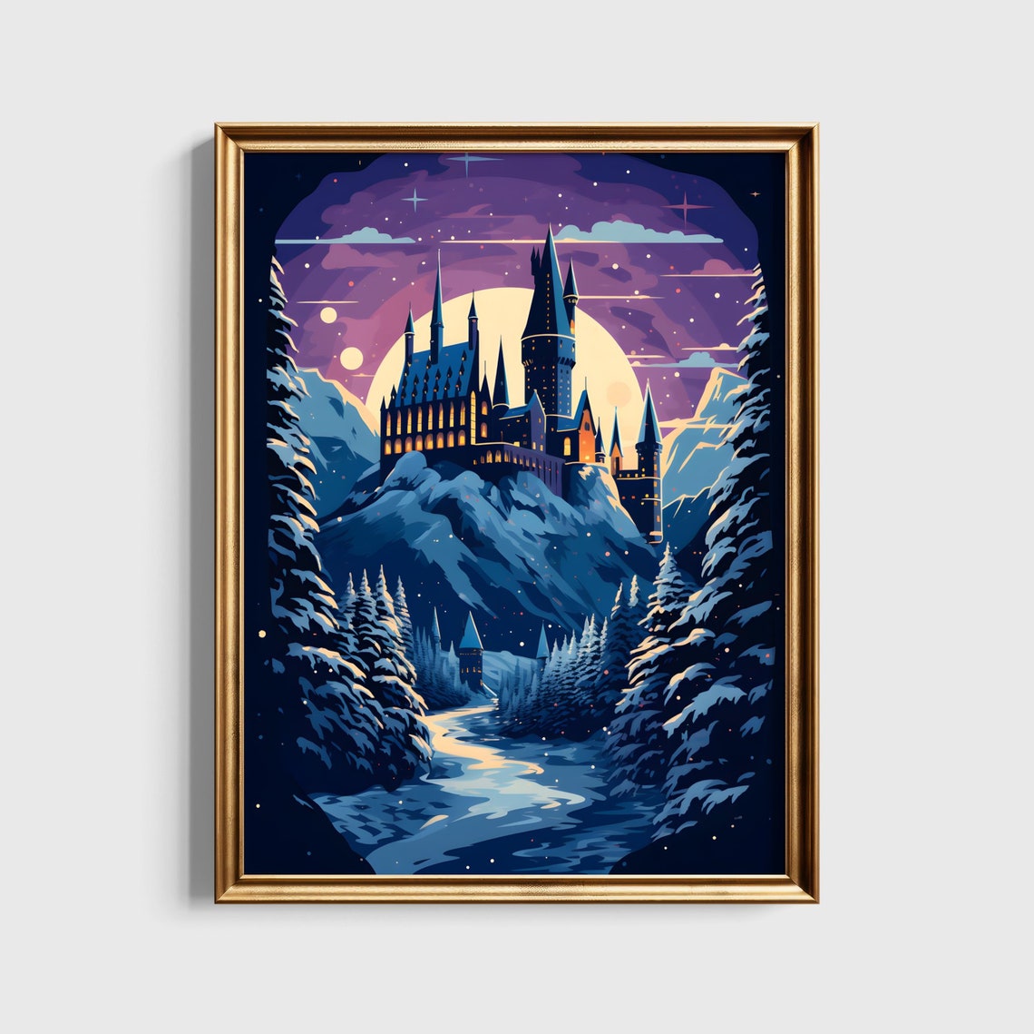 Hogwarts Castle at Christmas Snowy Night Wizard School Poster