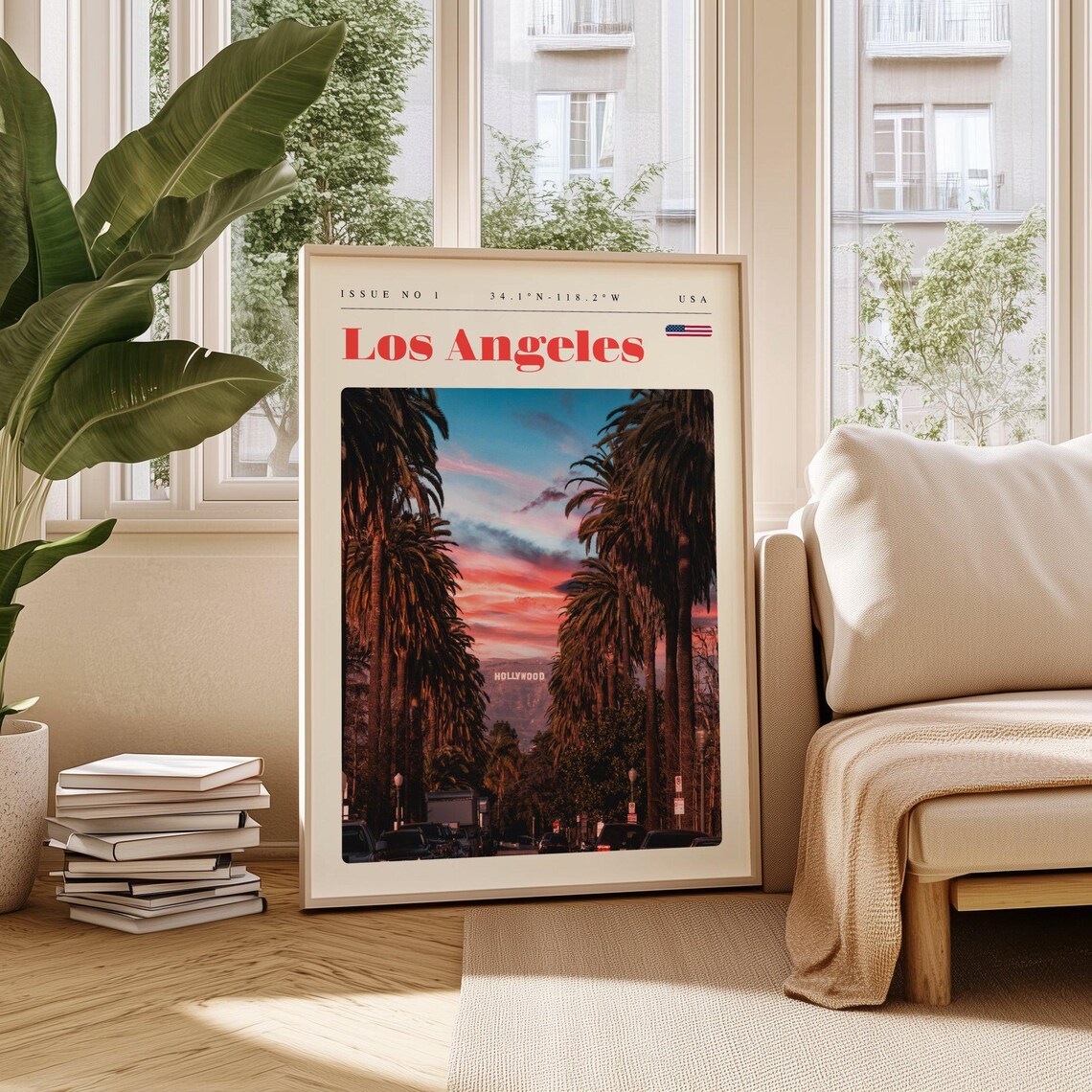 Los Angeles Hollywood Sign Sunset Palm Street Modern Travel Poster