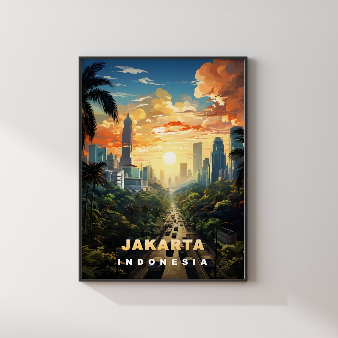 Jakarta Indonesia Palm Sunset Skyline Golden Hour Travel Poster - Image 2
