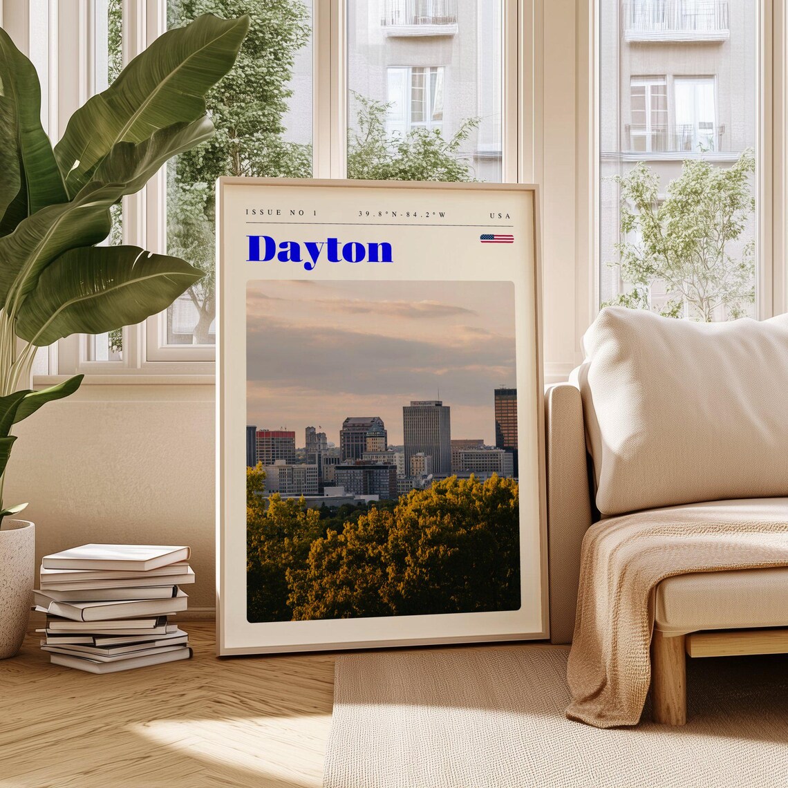 Dayton USA Skyline Behind Autumn Trees Fall Colors Travel Poster