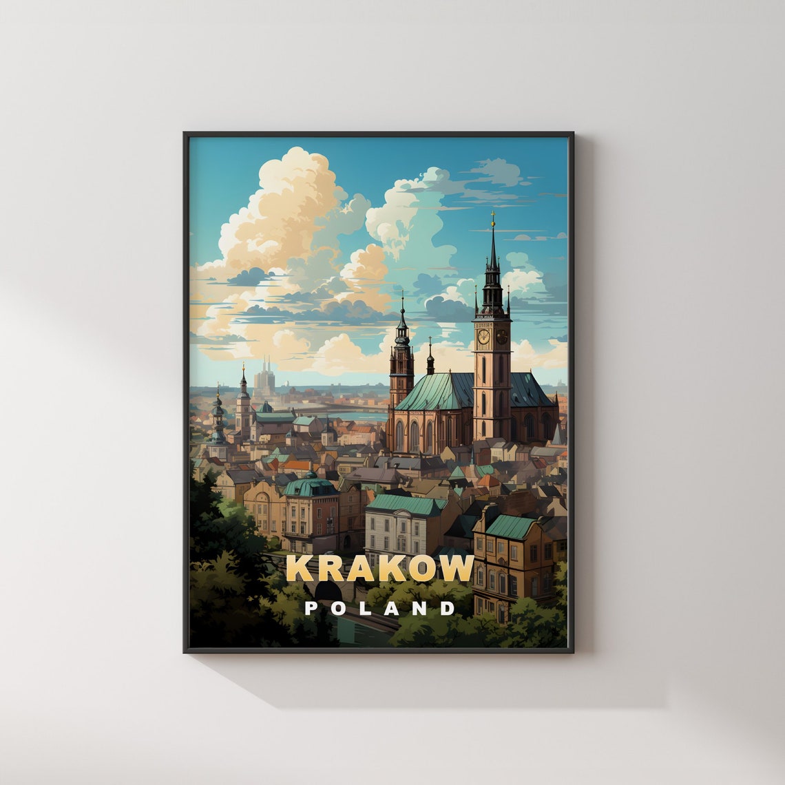 Krakow Poland Retro Travel Poster Cathedral Old Town Skyline View - Image 2