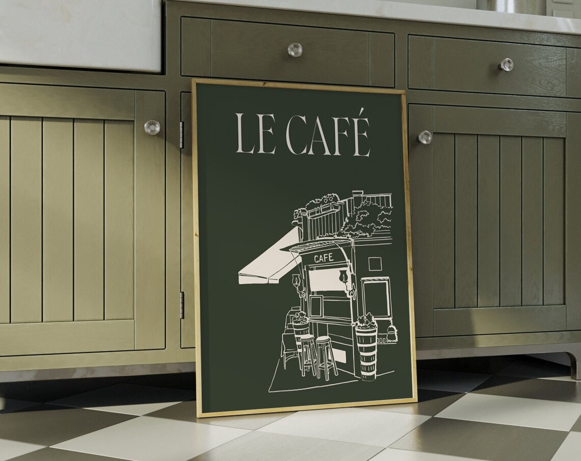 Le Cafe French Coffee Bar Sketch Poster For Dark Green Kitchens