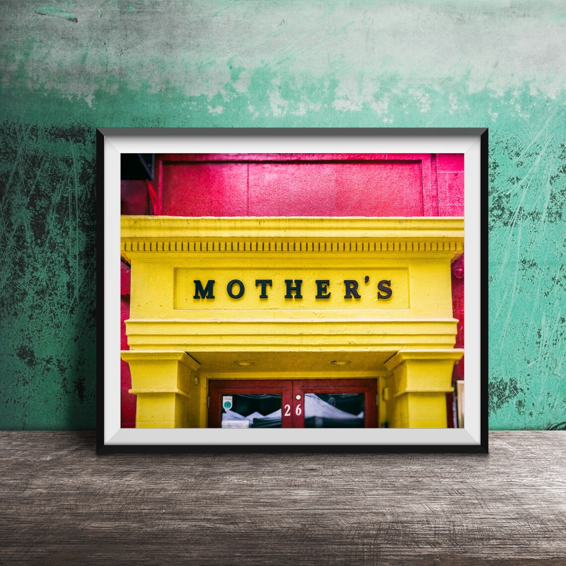 Mother's Bold Yellow Bar Entrance with Red Doorway Sign Photo Poster