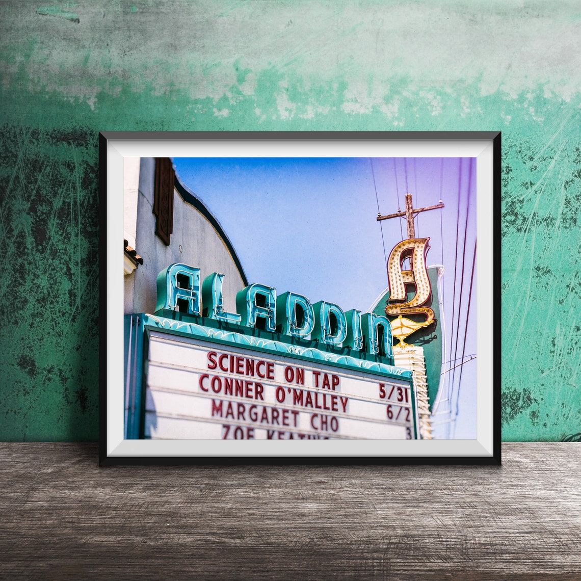 Historic Aladdin Theater Turquoise Neon Marquee Photography Poster