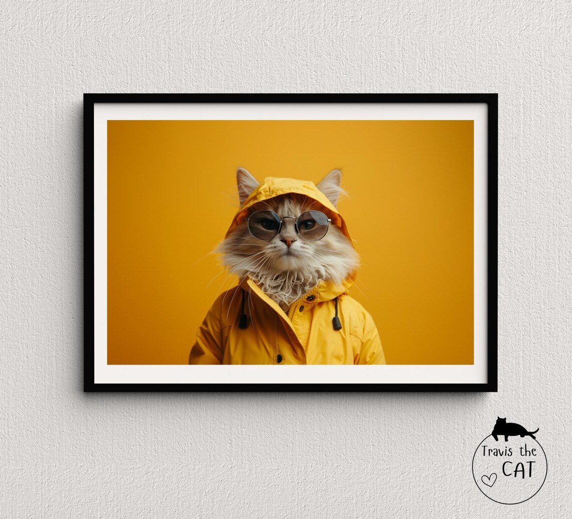 Fluffy Cat in Yellow Rain Jacket and Sunglasses on Amber Pop Art Poster
