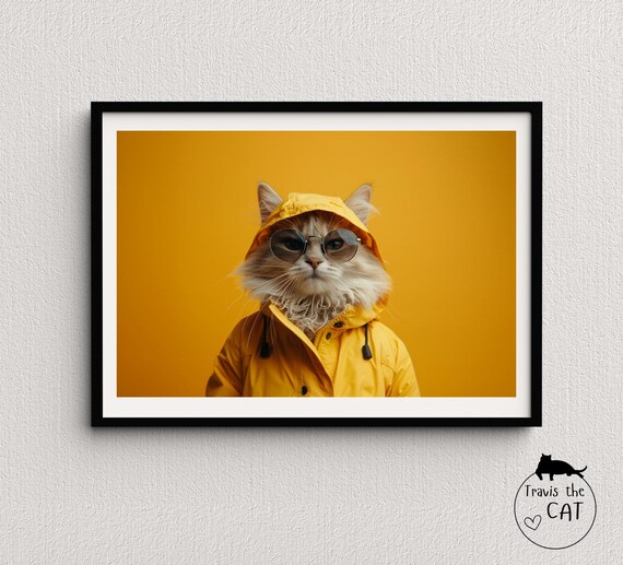 Fluffy Cat in Yellow Rain Jacket and Sunglasses on Amber Pop Art Poster