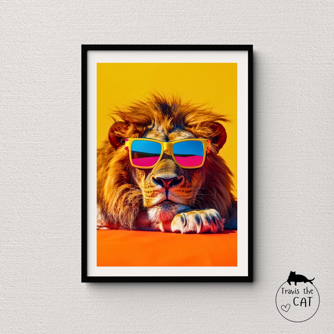 Lion Lounging in Retro Sunglasses on Yellow Pop Art Animal Poster