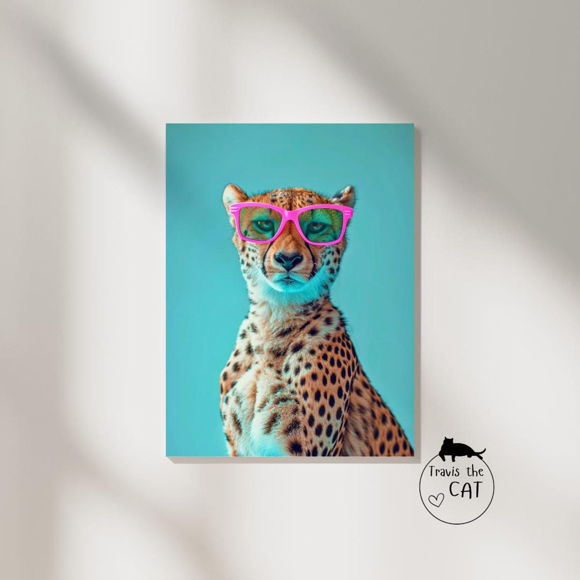 Cheetah in Pink Glasses on Teal Modern Pop Art Animal Poster