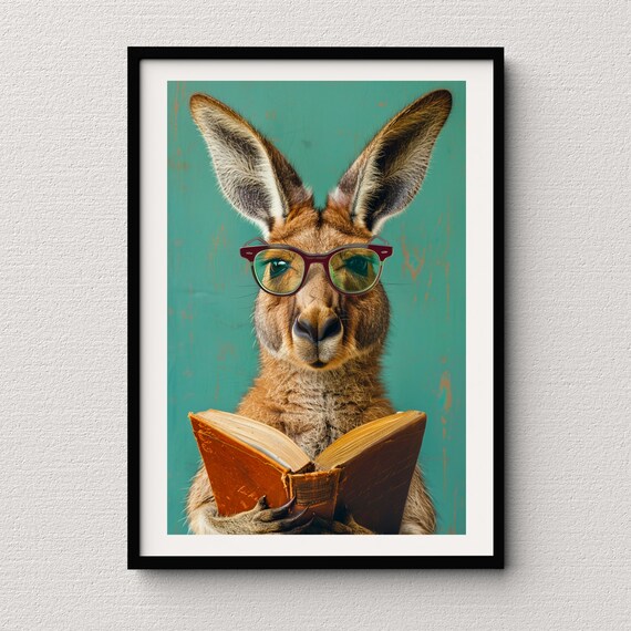 Kangaroo in Red Glasses Reading an Old Book Quirky Teal Art Poster