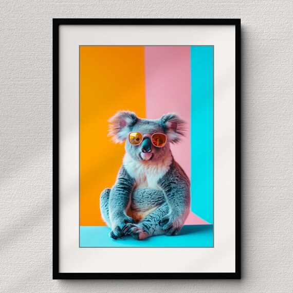 Koala in Orange Sunglasses Against Bold Color Block Stripes Fun Poster
