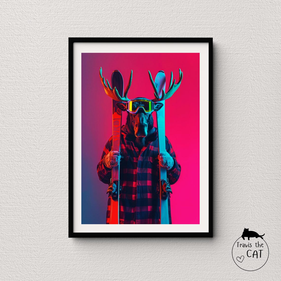 Moose Skier in Red Plaid with Neon Goggles Bold Red Pop Art Poster