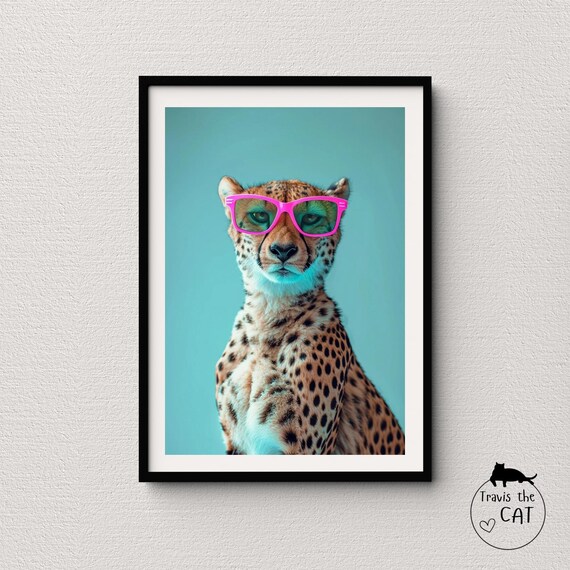 Sleek Cheetah in Pink Sunglasses on Teal Pop Art Animal Poster
