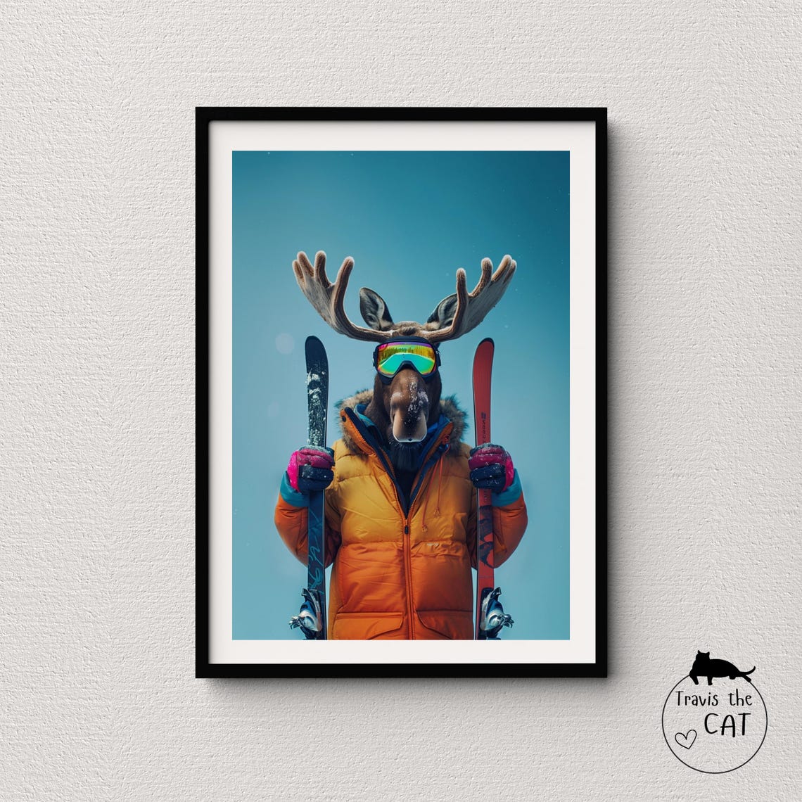 Moose in Orange Puffer Jacket with Skis Fun Snow Day Animal Poster