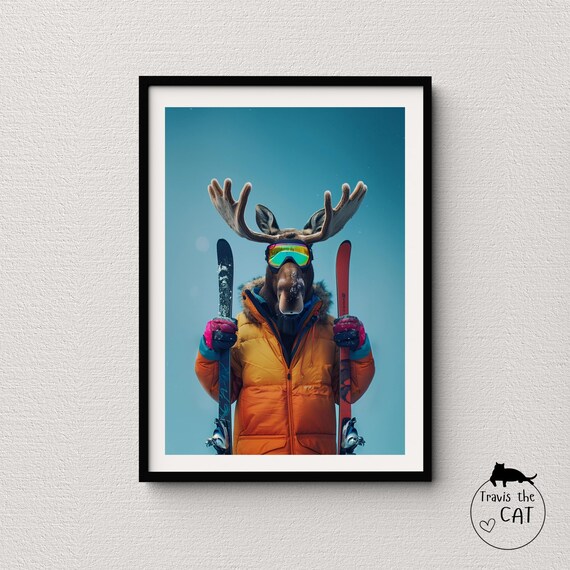 Moose in Orange Puffer Jacket with Skis Fun Snow Day Animal Poster