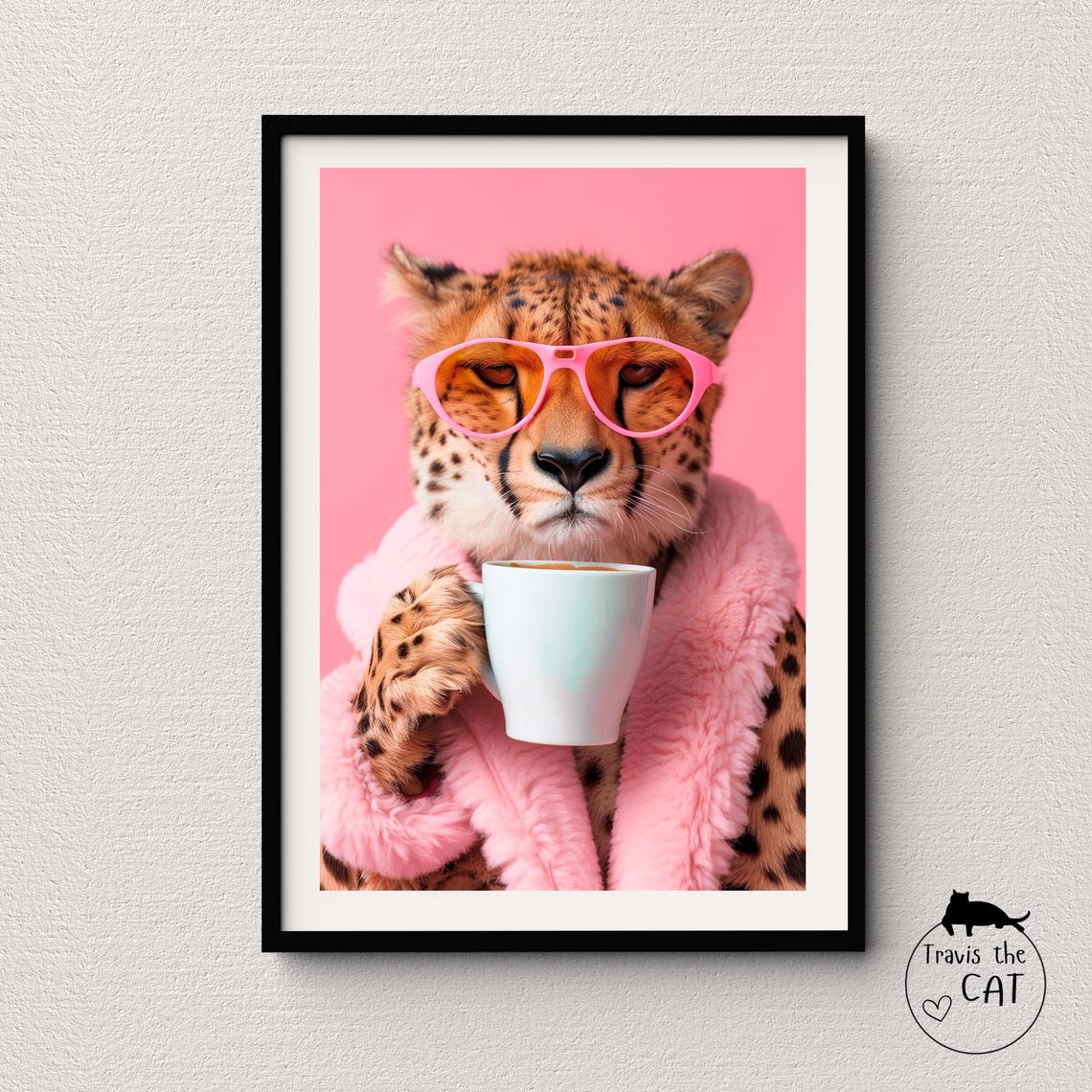 Cheetah in Pink Fur Coat and Sunglasses with Coffee Cup Pop Poster