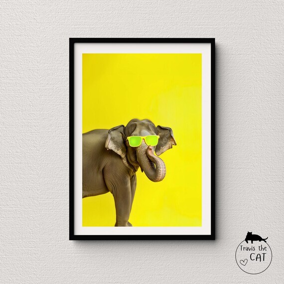 Playful Elephant in Yellow Sunglasses on Bright Yellow Pop Poster