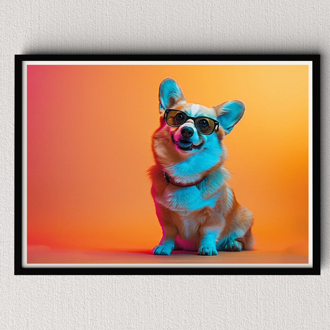 Smiling Corgi Dog in Sunglasses Bathed in Neon Pink and Blue Poster