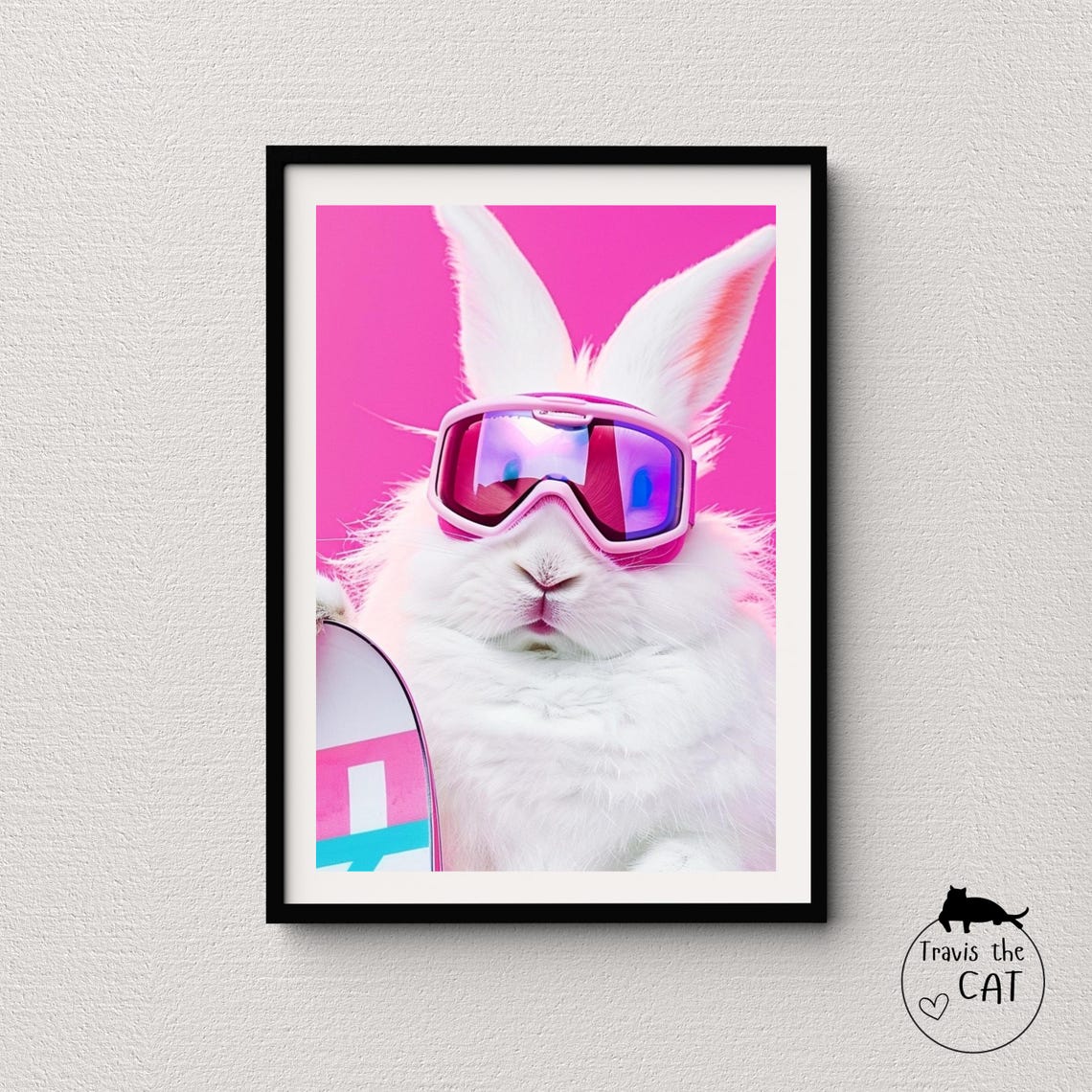 White Rabbit in Pink Ski Goggles with Snowboard Cute Winter Fun Poster