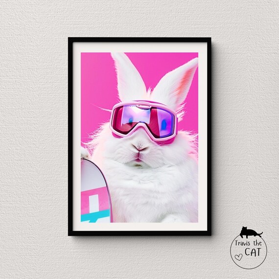 White Rabbit in Pink Ski Goggles with Snowboard Cute Winter Fun Poster