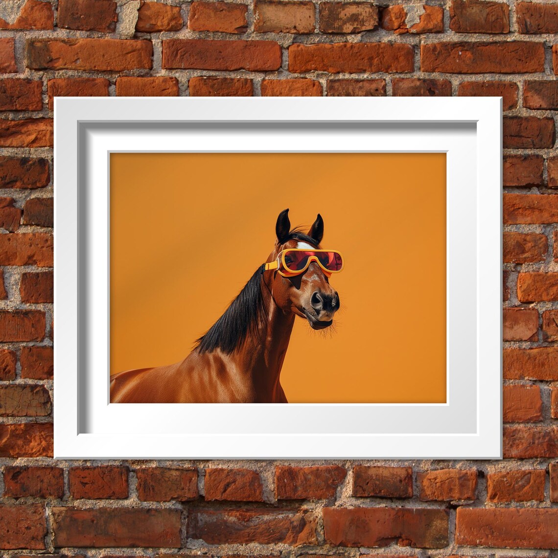 Horse Wearing Orange Ski Goggles on Bold Orange Background Pop Poster