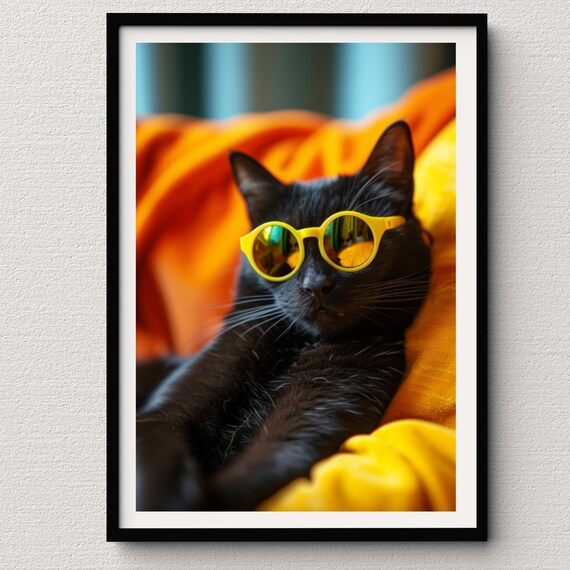 Chilling Black Cat in Yellow Sunglasses Lounging on Orange Throw Poster