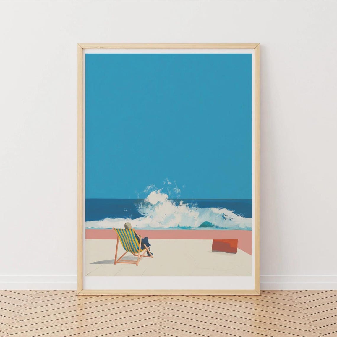 Seascape with Lone Deck Chair Facing Ocean Waves Coastal Poster