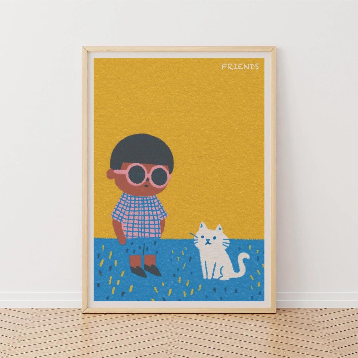 Kid With Sunglasses And White Cat Friends Playful Kids Room Poster