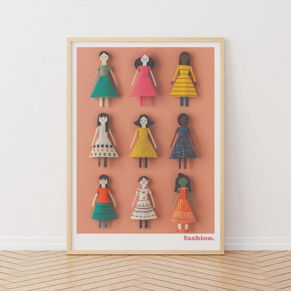 Nine Retro Fashion Paper Dolls Peach Dress Collection Wall Poster