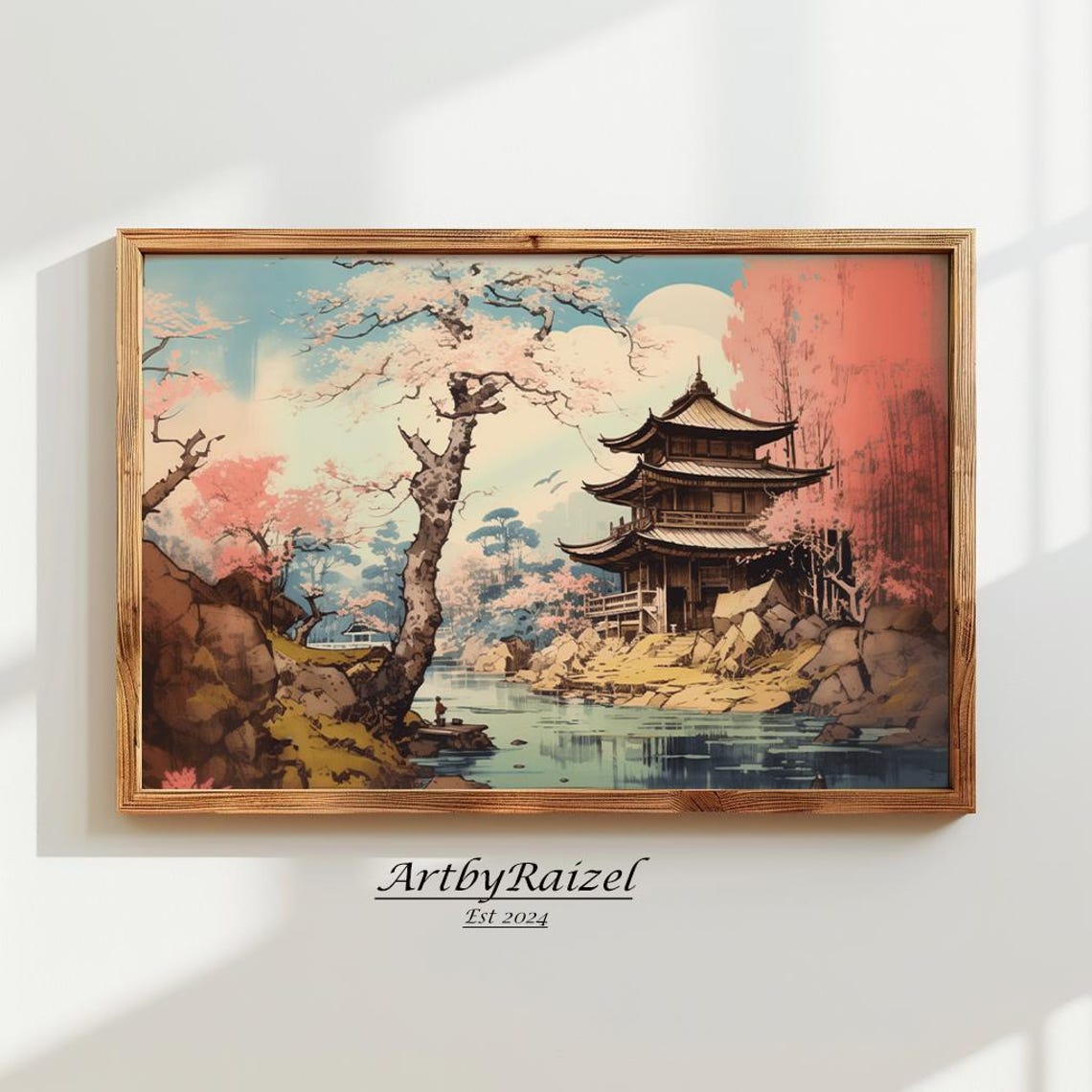 Cherry Blossom Pagoda River Spring Japan Landscape Art Poster