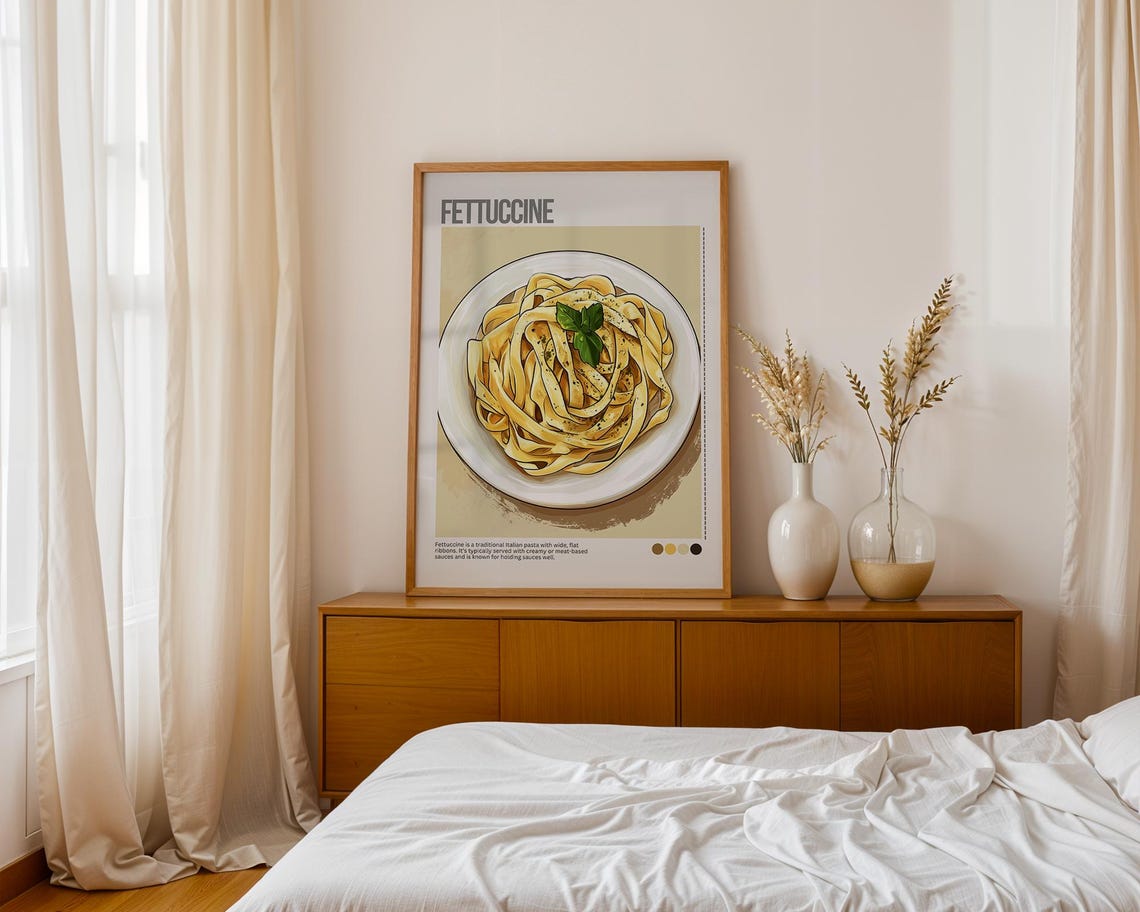 Fettuccine Pasta Bowl Basil Italian Cuisine Illustrated Poster - Image 6