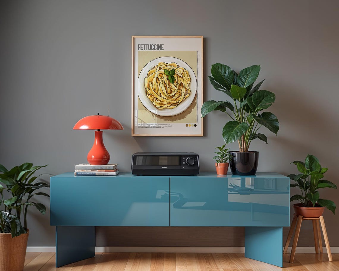 Fettuccine Pasta Bowl Basil Italian Cuisine Illustrated Poster - Image 5