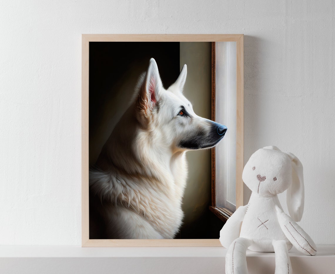 White German Shepherd Profile Gazing Out the Window Art Poster