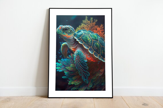 Colorful Sea Turtle Swimming Among Coral Reef Digital Art Poster